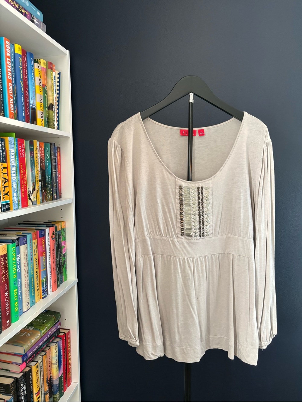 ELLE Light Gray Long Sleeve Scoop Neck Babydoll top with Beaded Panel